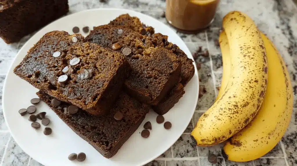 Freshly baked Coffee Banana Bread slices with chocolate chips, ripe bananas, and a cup of coffee.