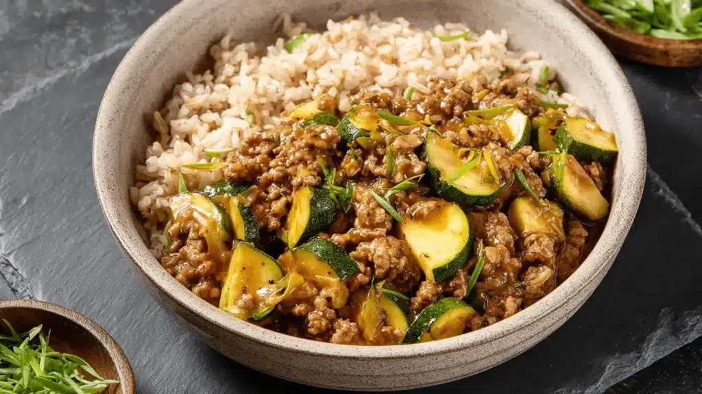 Close-up of a delicious Ground Turkey and Zucchini Skillet with rice, garnished with fresh green onions in a rustic bowl.