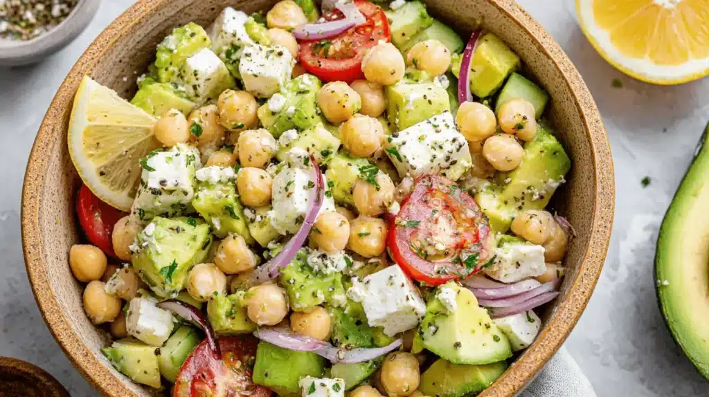 Vibrant Healthy Chickpea Feta Avocado Salad in a rustic earthenware bowl, garnished with a fresh lemon wedge.
