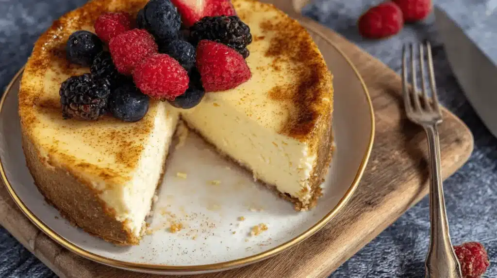 Close-up of a delicious high protein ricotta cheesecake with fresh mixed berries on a rustic wooden board.