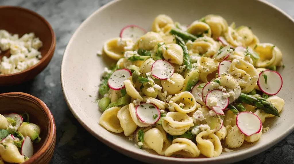 A vibrant Lemon-Dijon Asparagus Macaroni Salad featuring orecchiette, fresh asparagus, radishes, and crumbled cheese in a rustic ceramic bowl.