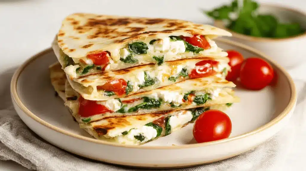 Stacked Mediterranean Quesadillas with melted cheese, spinach, and cherry tomatoes on a rustic plate.