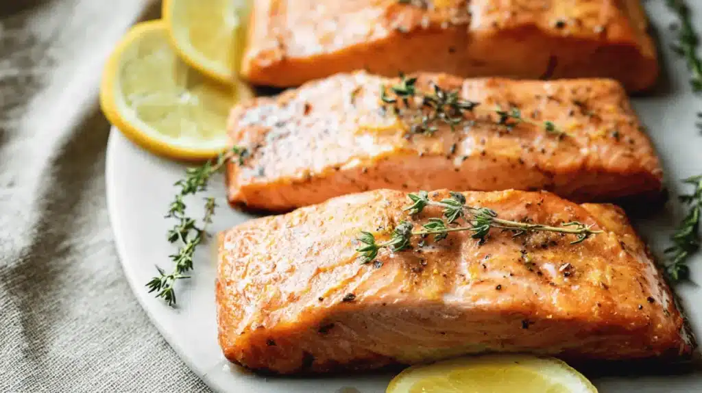 Close-up of perfectly cooked baked salmon fillets with lemon and herbs, showcasing a delicious baked salmon recipe.
