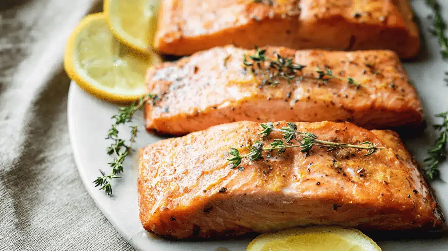 Close-up of perfectly cooked baked salmon fillets with lemon and herbs, showcasing a delicious baked salmon recipe.