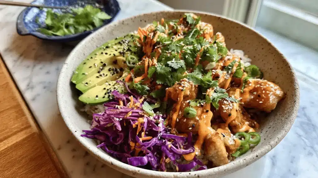 A vibrant bang bang chicken bowl with crispy chicken, creamy sauce, avocado, and purple cabbage, garnished with sesame seeds and cilantro on a marble surface.
