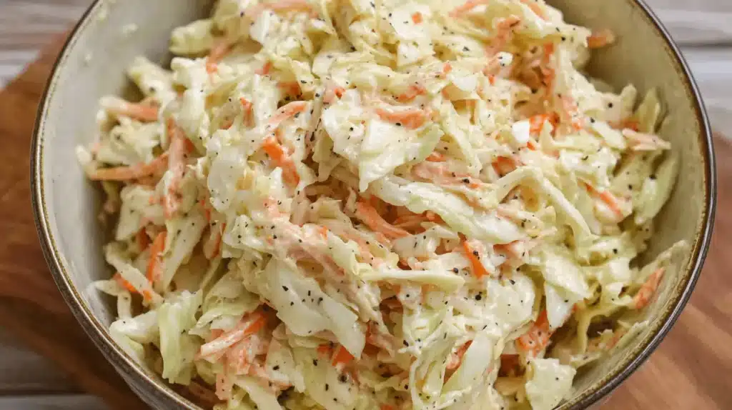 Close-up of a vibrant, creamy classic coleslaw recipe in a rustic ceramic bowl, featuring shredded cabbage and carrots.
