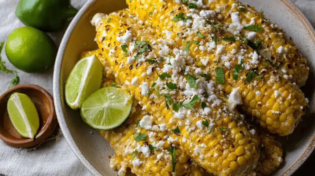 Vibrant overhead shot of Mexican street corn (Elote) in a rustic bowl with limes, perfect for an elote recipe.