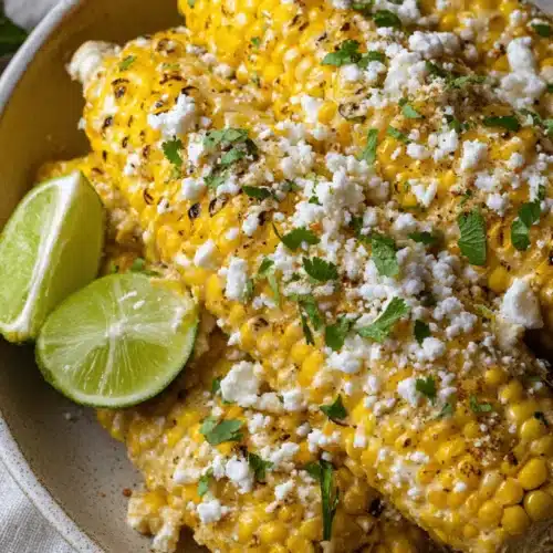 Easy & Delicious Elote Recipe: Mexican Street Corn at Home 2 Vibrant overhead shot of Mexican street corn (Elote) in a rustic bowl with limes, perfect for an elote recipe.