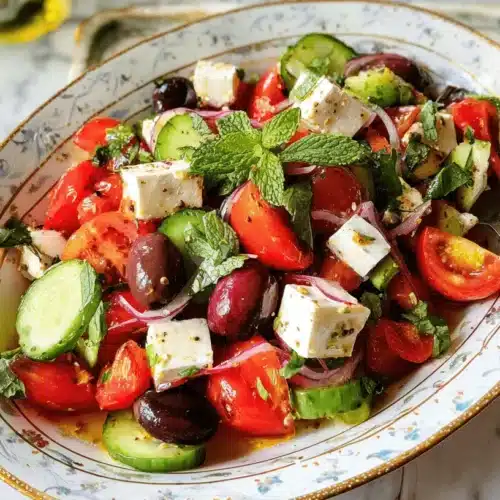 Vibrant greek salad recipe with fresh tomatoes, cucumbers, feta, olives, and red onion in a decorative bowl on marble.