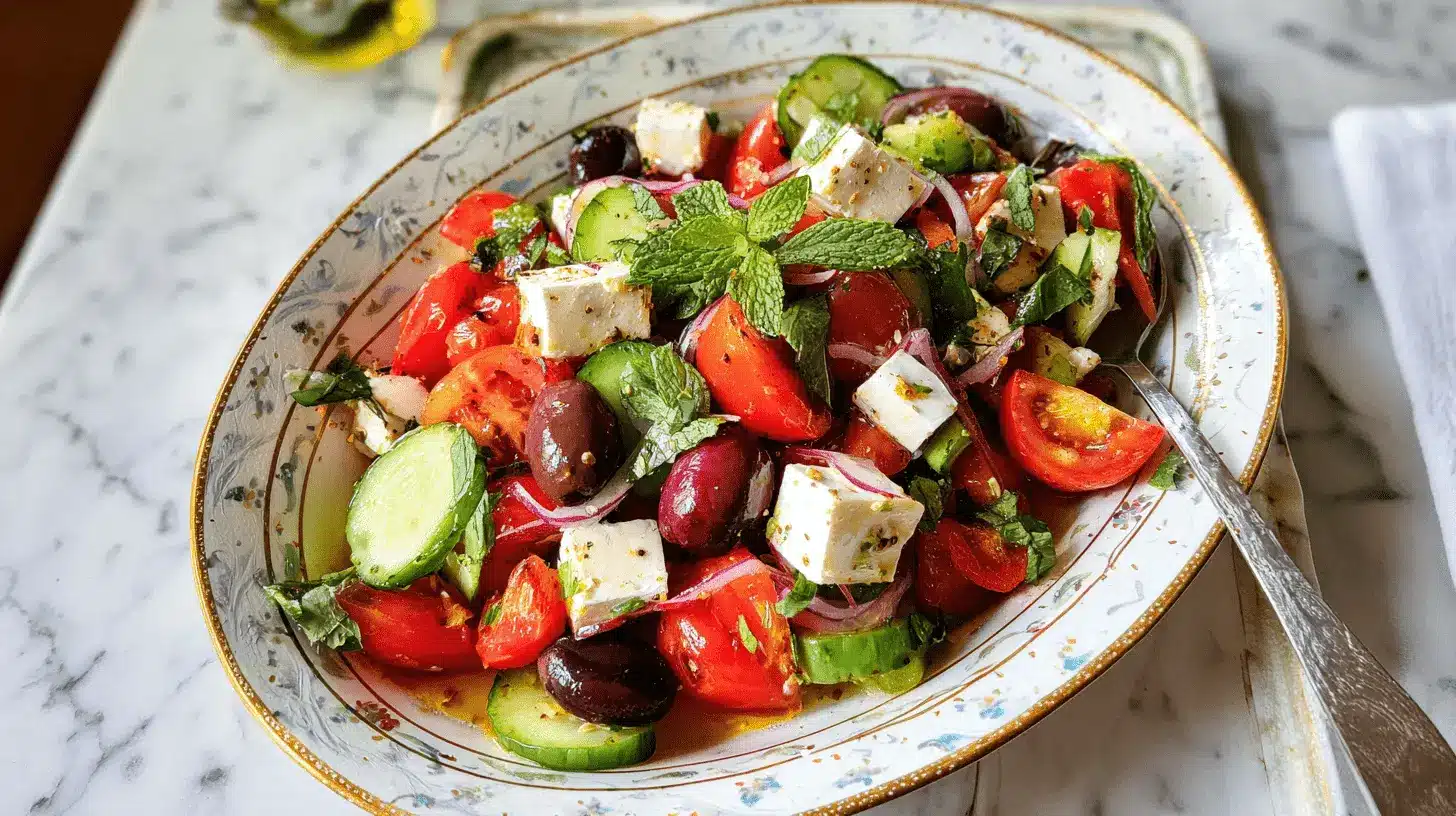 Vibrant greek salad recipe with fresh tomatoes, cucumbers, feta, olives, and red onion in a decorative bowl on marble.