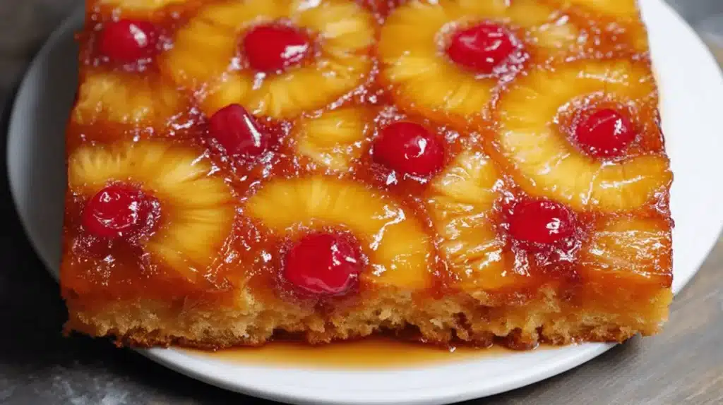 Close-up of a golden pineapple upside down cake with cherries and caramel, inspiring your next pineapple upside down cake recipe.