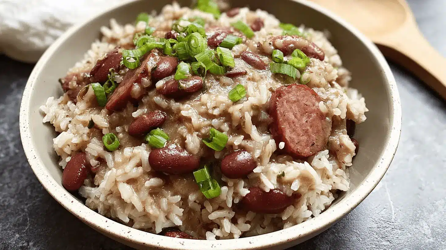 Hearty bowl of red beans and rice with sausage, garnished with green onions, showcasing a classic red beans and rice recipe.
