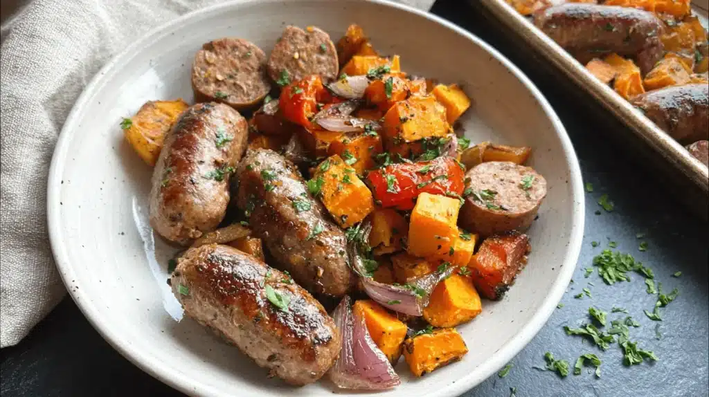 Delicious sausage sweet potato sheet pan meal with roasted vegetables on a rustic plate.