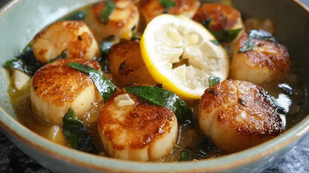 Perfectly seared scallops served in a rustic bowl, a delicious scallops recipe.