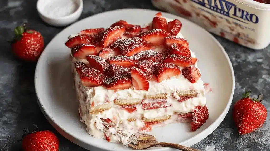 A perfect slice of homemade dessert, showcasing a delicious strawberry tiramisu recipe with layers of cream, ladyfingers, and fresh strawberries.