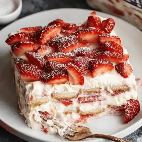 A perfect slice of homemade dessert, showcasing a delicious strawberry tiramisu recipe with layers of cream, ladyfingers, and fresh strawberries.