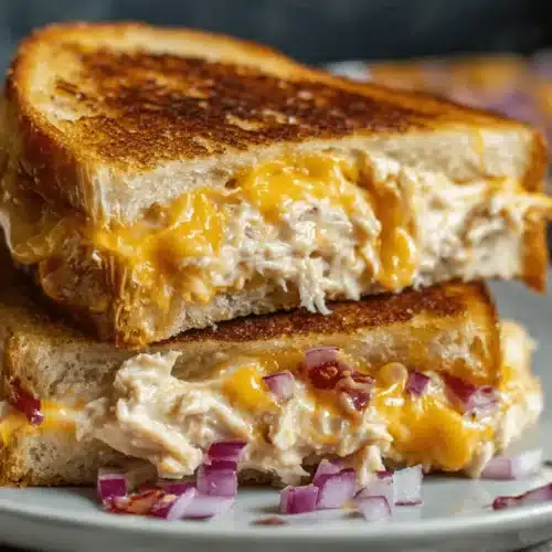Close-up of a perfectly grilled tuna melt sandwich with gooey melted cheese and red onions, showcasing a delicious tuna melt recipe.