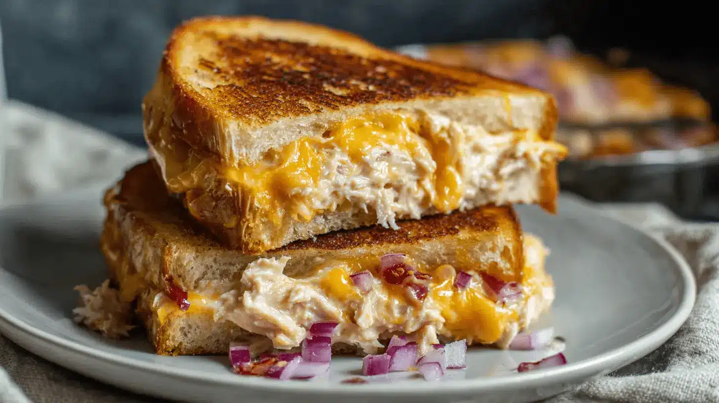 Close-up of a perfectly grilled tuna melt sandwich with gooey melted cheese and red onions, showcasing a delicious tuna melt recipe.