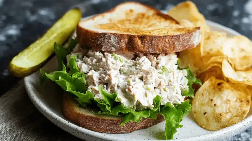 A delicious tuna salad sandwich on toasted bread with a pickle and chips, perfect for a classic tuna salad recipe.