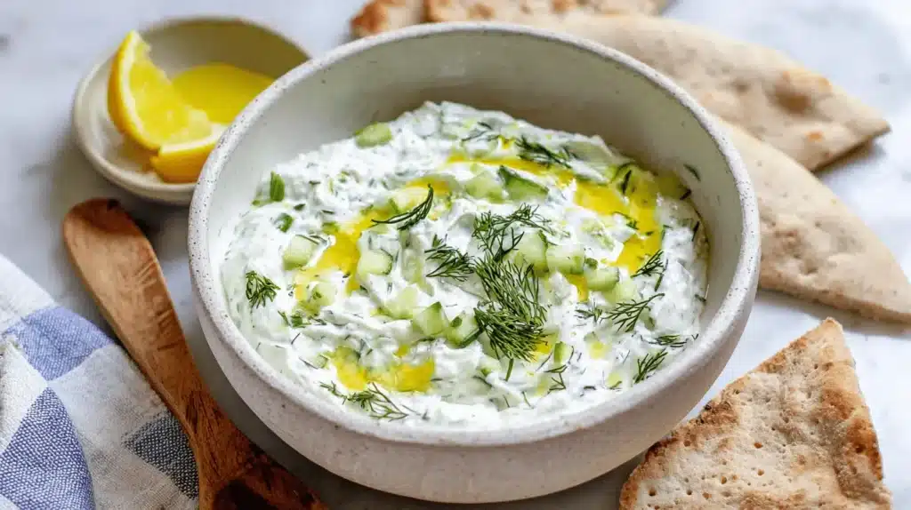 A rustic bowl of fresh tzatziki sauce recipe garnished with dill and olive oil, served alongside pita bread and lemon wedges.