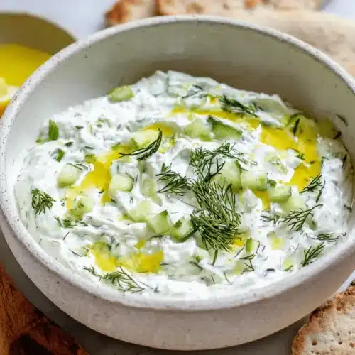 A rustic bowl of fresh tzatziki sauce recipe garnished with dill and olive oil, served alongside pita bread and lemon wedges.