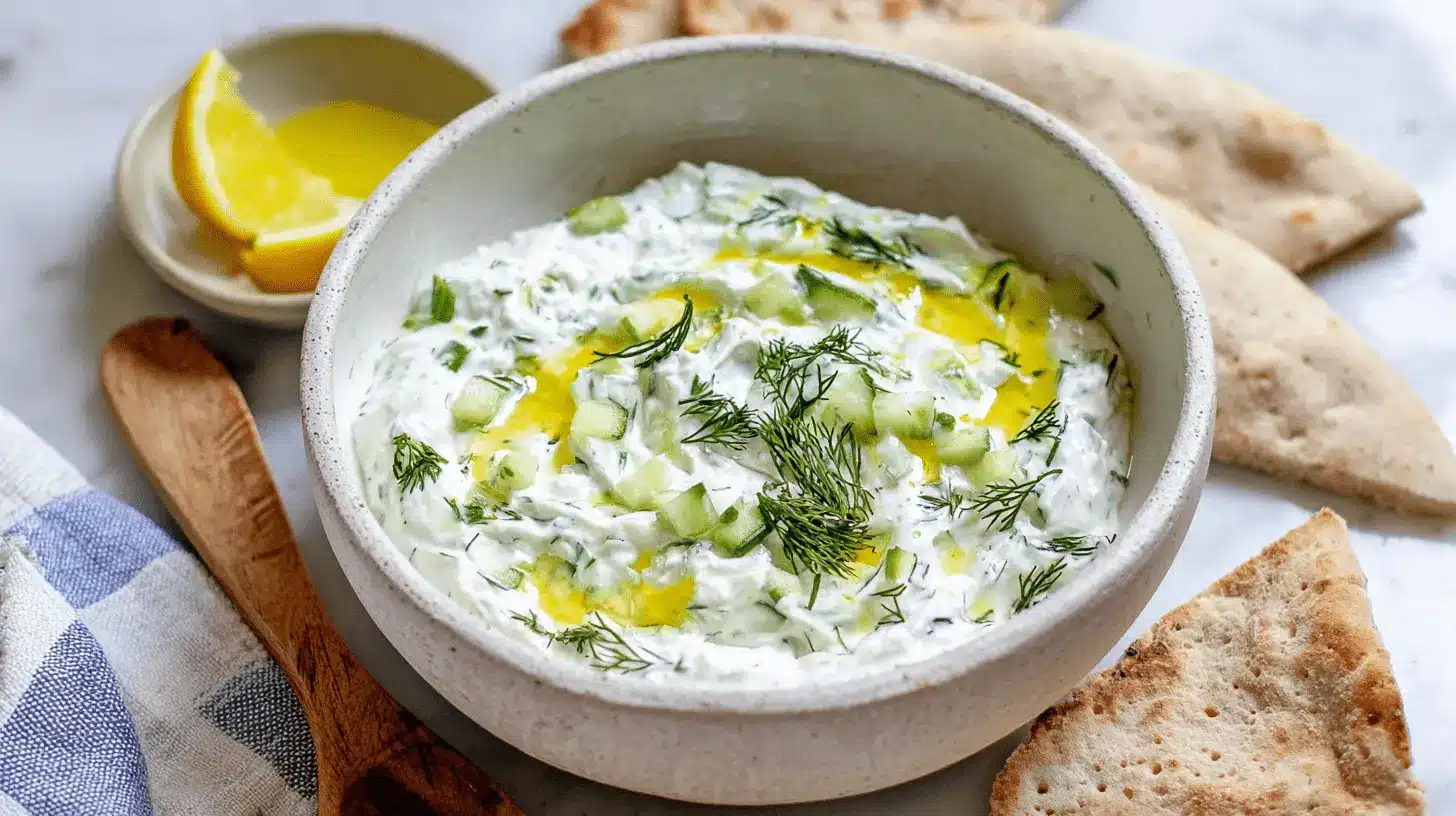 A rustic bowl of fresh tzatziki sauce recipe garnished with dill and olive oil, served alongside pita bread and lemon wedges.