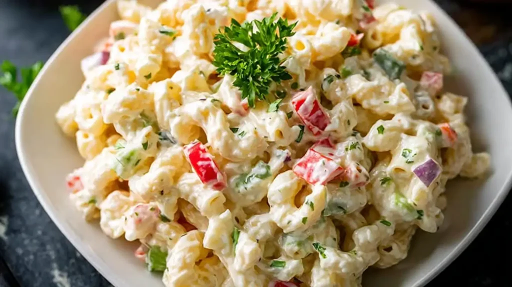 Creamy macaroni salad recipe with elbow pasta, diced vegetables, and tangy dressing served in a bowl.