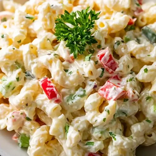 Creamy macaroni salad recipe with elbow pasta, diced vegetables, and tangy dressing served in a bowl.