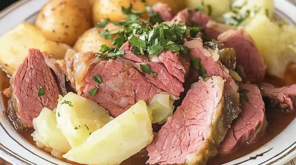 A close-up of a plated corned beef and cabbage recipe, featuring succulent pink meat, tender green cabbage, baby potatoes, and carrots on a cream-colored plate.