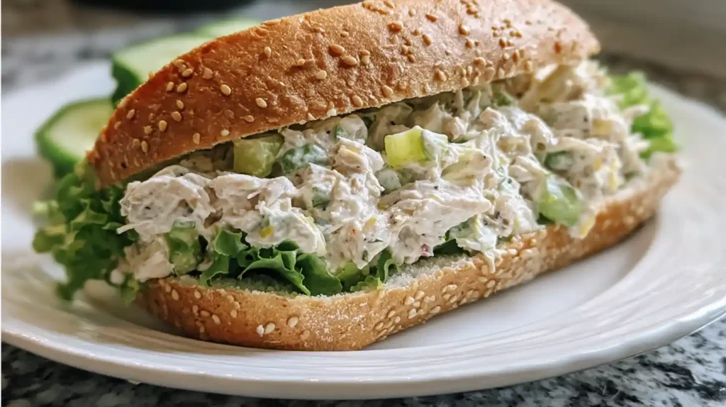 Homemade chicken salad sandwich recipe with shredded chicken, celery, and creamy mayo on toasted bread.