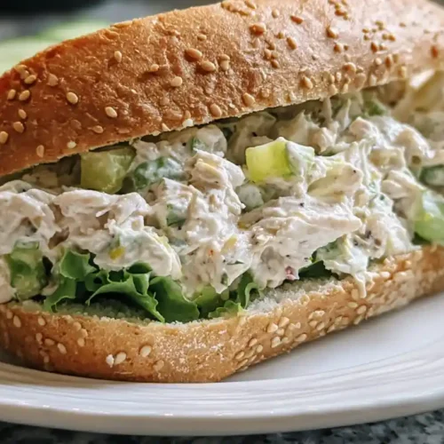 Homemade chicken salad sandwich recipe with shredded chicken, celery, and creamy mayo on toasted bread.