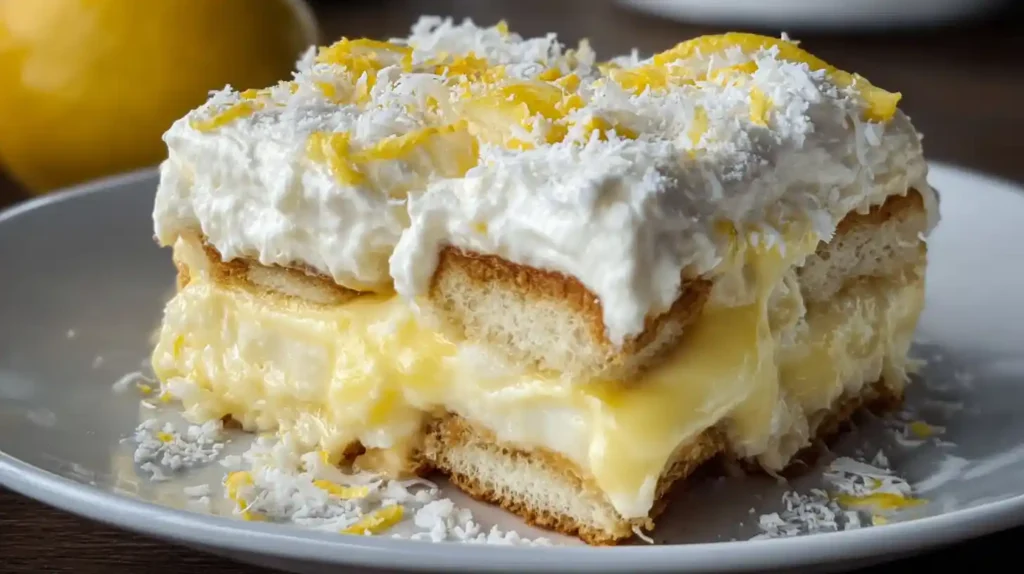 Lemon tiramisu Recipe with layers of creamy filling, ladyfingers, and lemon zest topping.