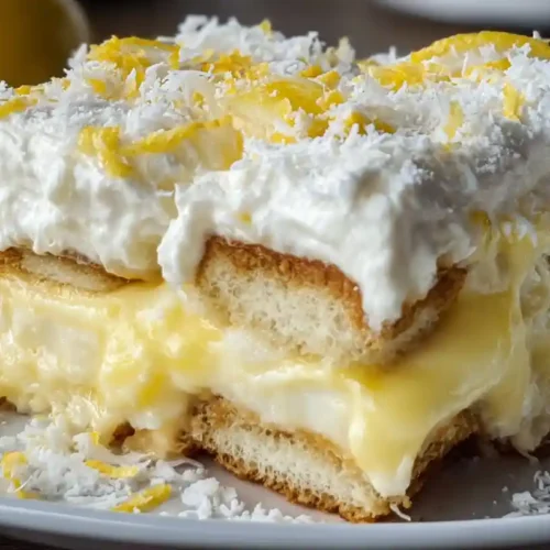 Lemon tiramisu Recipe with layers of creamy filling, ladyfingers, and lemon zest topping.